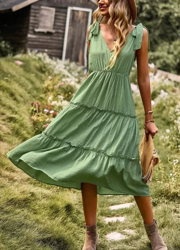 Tiered V neck dress with ties