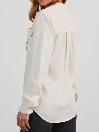 Collared Neck Roll-Tab Sleeve Denim Top for Women