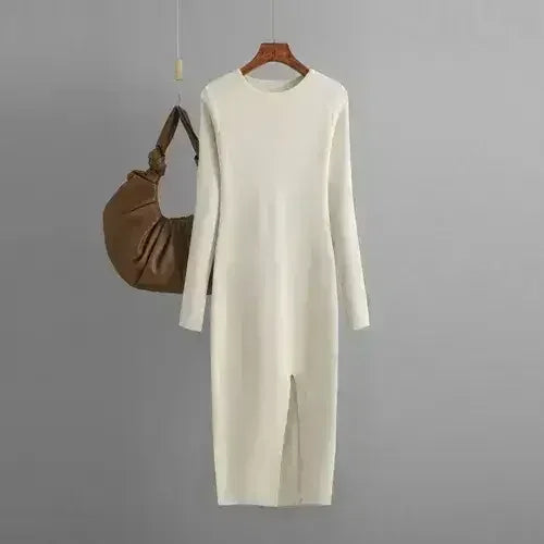 Autumn And Winter Long Sleeve Knitted Backless Round Neck Dress
