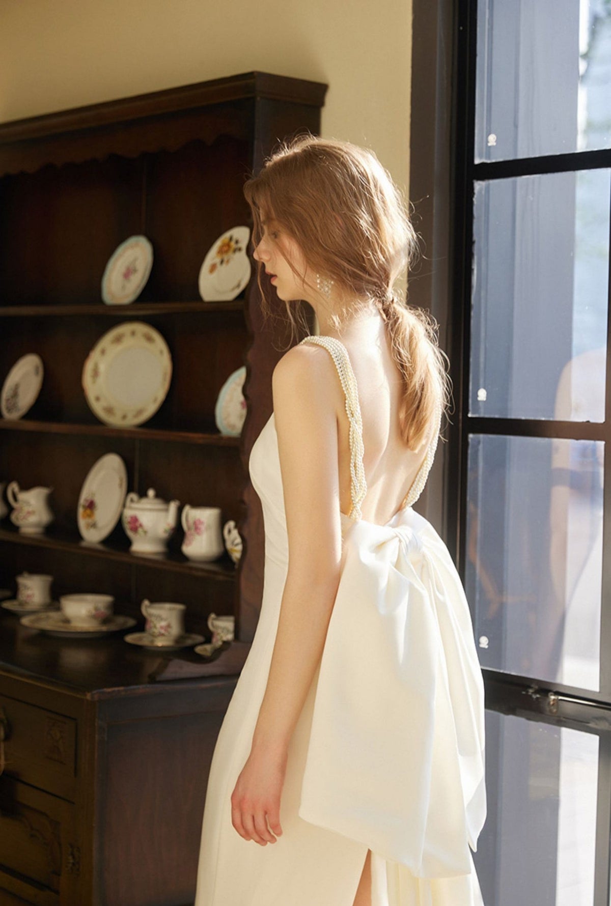 Pearl Strap Halter Satin Wedding Dress with Dramatic Back Bow and Train