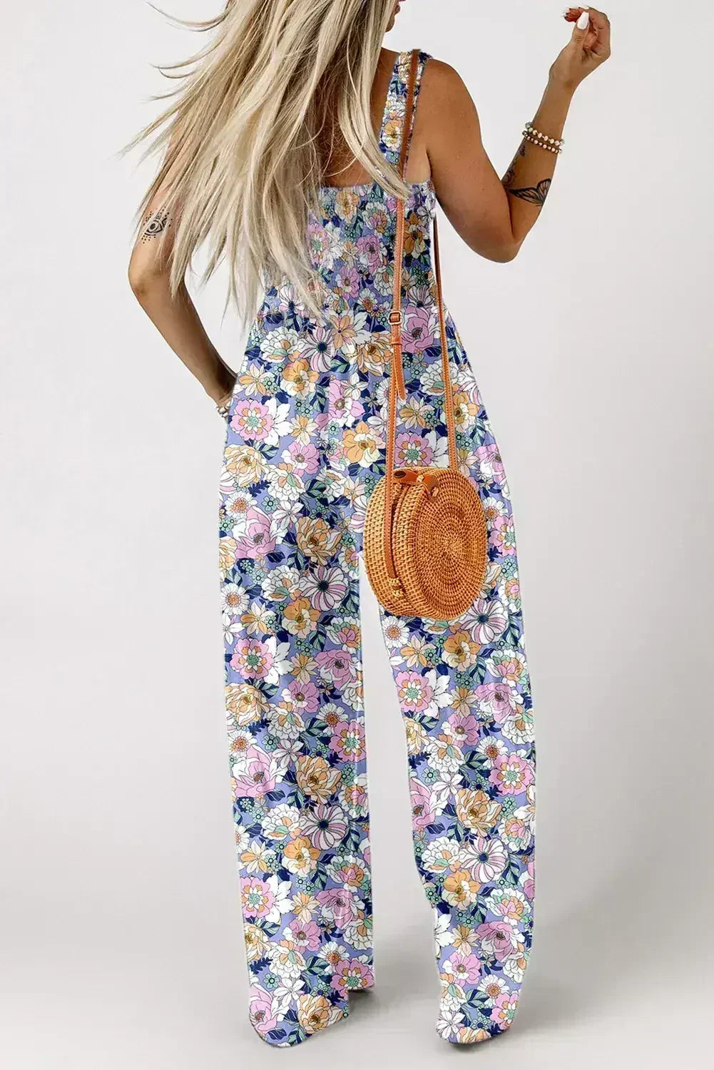 Purple Floral Square Neckline Stretch High Waist Jumpsuit