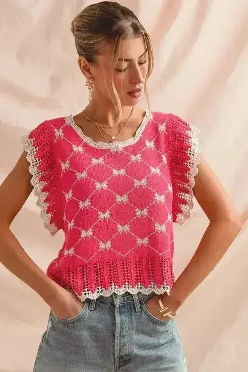SO ME Bow Ribbon Pattern Sweater Top with Back Key Hole