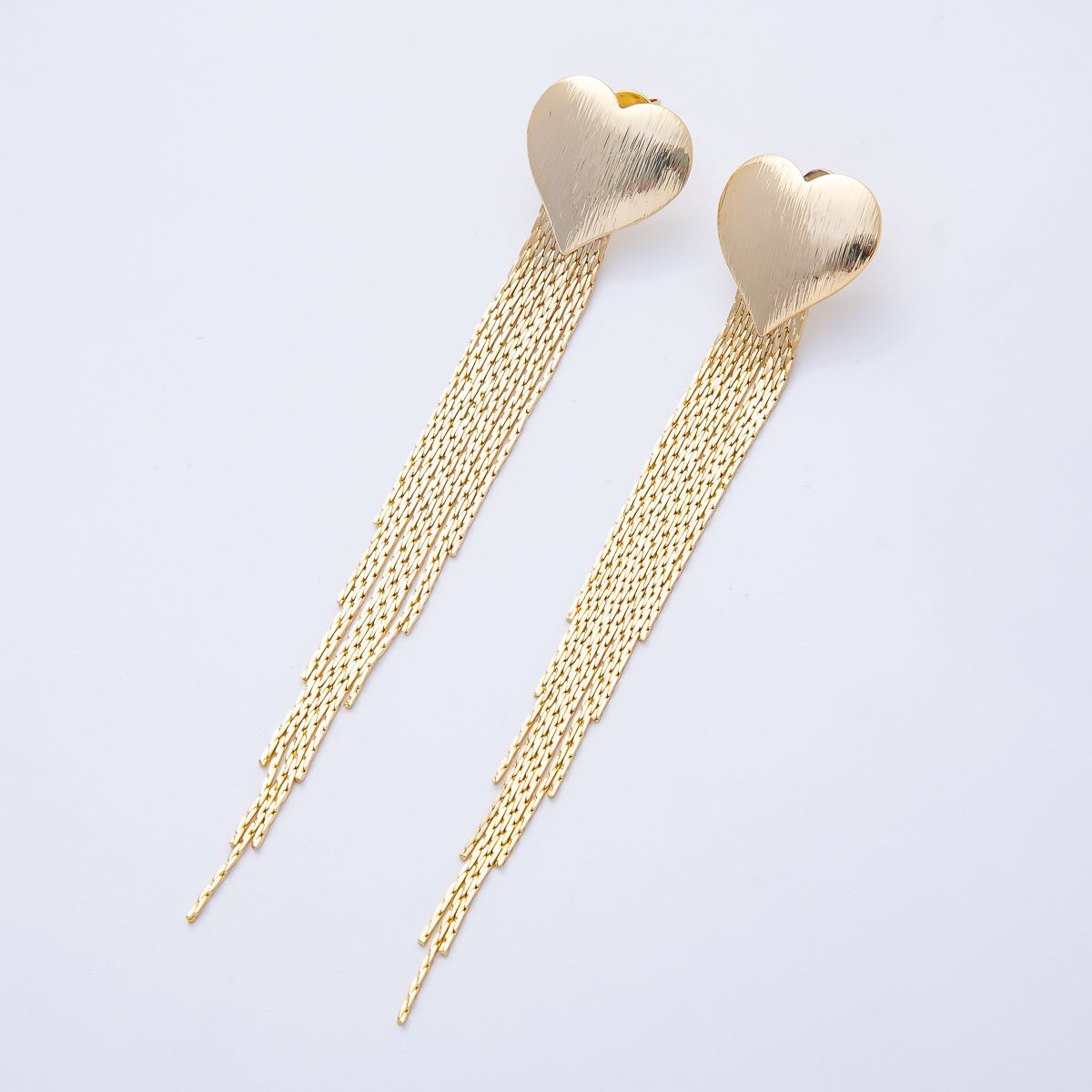 18K Gold Filled 106mm Textured Heart Snake Chain Fringe Drop Stud Earrings | T487