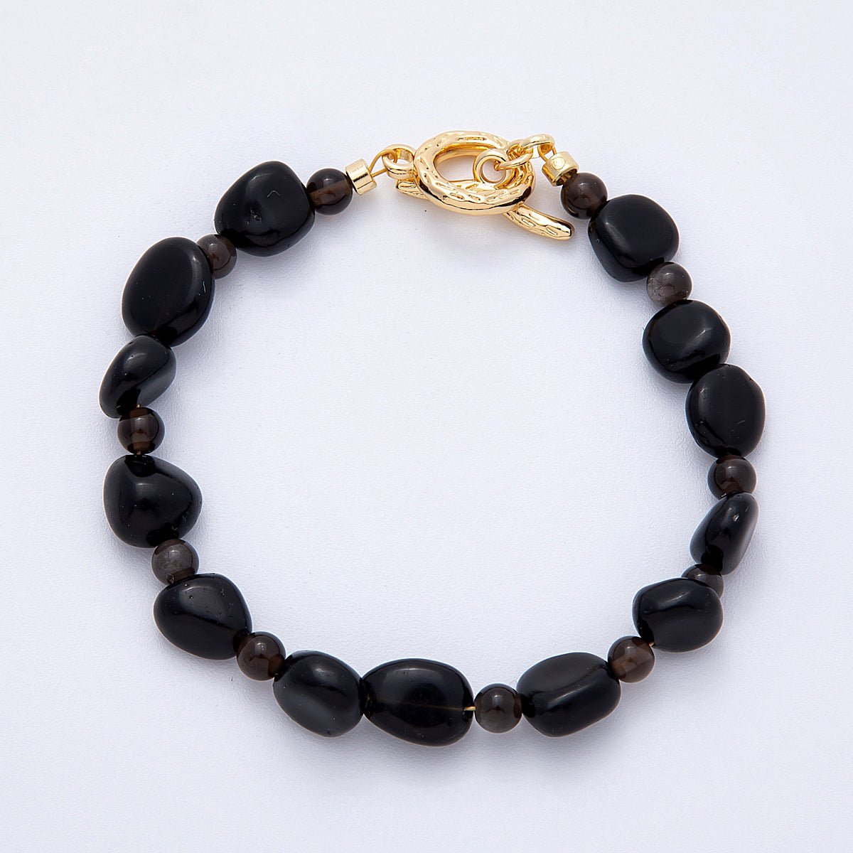 18K Gold Filled 10mm Onyx, Carnelian, Amazonite Pebble Gemstone Bead 7.5 Inch Toggle Bracelet | WA-4105