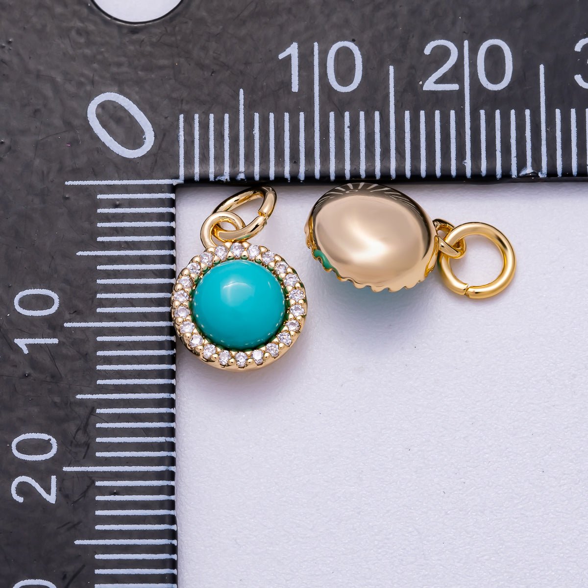 18K Gold Filled 11mm Turquoise Micro Paved CZ Round Bezel Mini Charm | Charms-00551