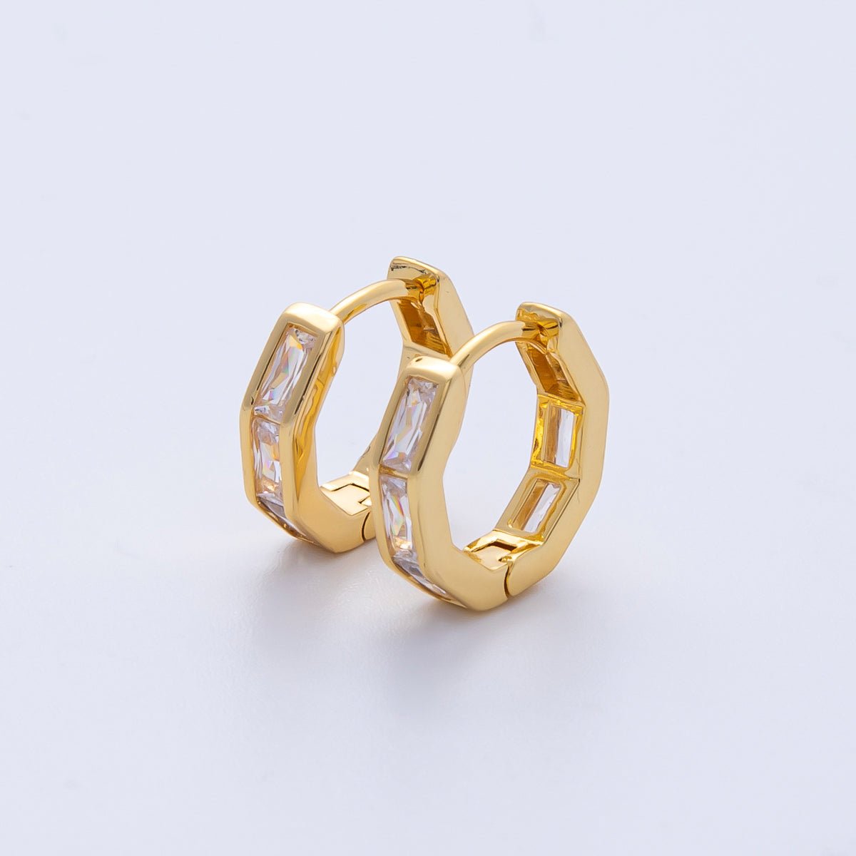 18K Gold Filled 12mm Clear CZ Baguette Huggie Earrings | Earrings-00056