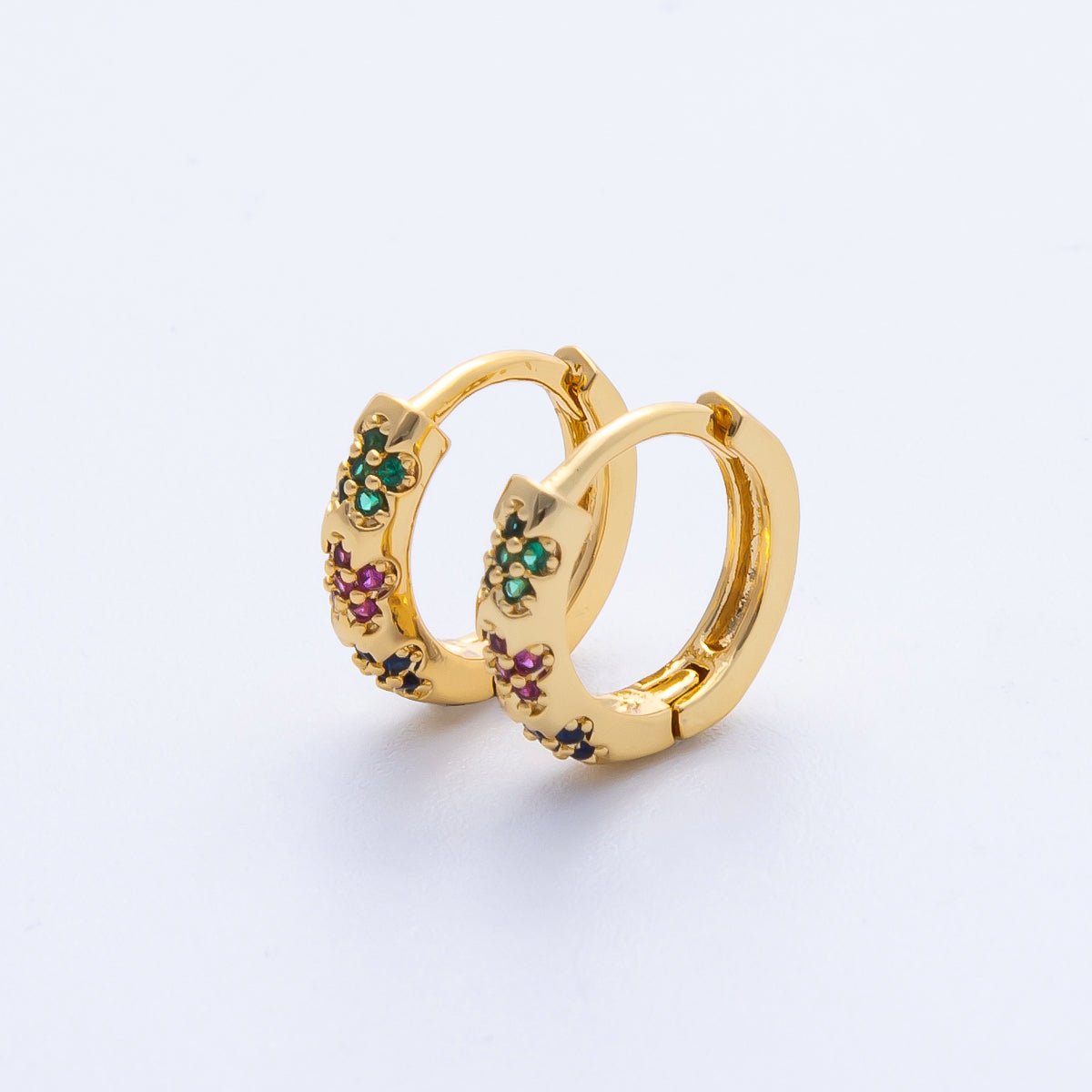 18K Gold Filled 13mm Multicolor Micro Paved CZ Flower Huggie Earrings | Earrings-00057