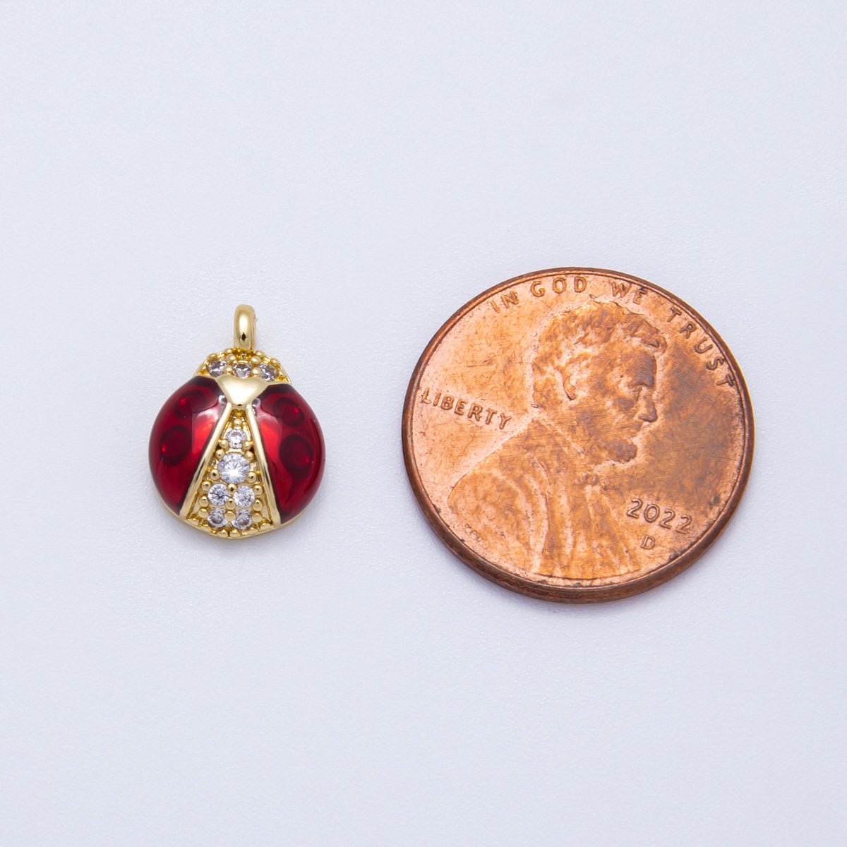 18K Gold Filled 13mm Red Enamel Micro Paved CZ Ladybug Animal Charm | Charms-00347