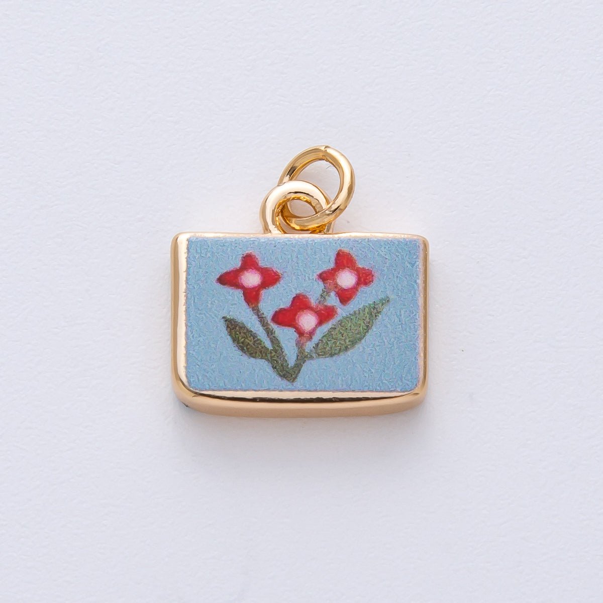 18K Gold Filled 13mm Red Flower Blue Rectangular Charm | AF1609