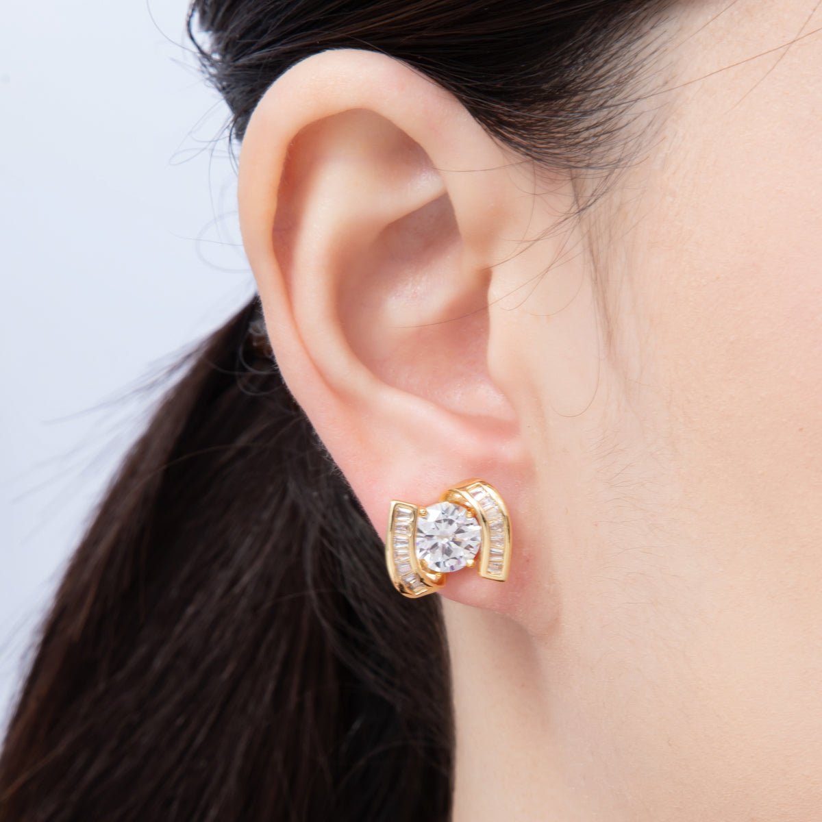 18K Gold Filled 14.5mm Clear CZ Round Baguette Stud Earrings | Earrings-00124