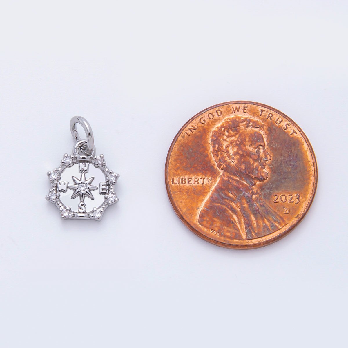 18K Gold Filled 14mm Micro Paved CZ Compact Travel Compass Charm in Gold & Silver | C630