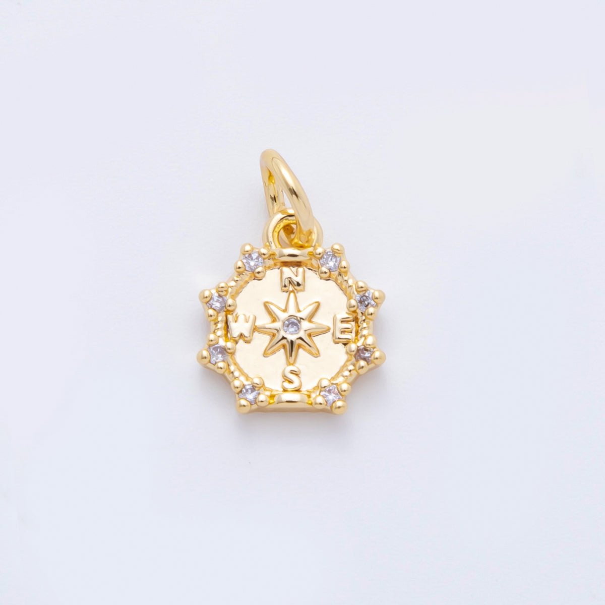 18K Gold Filled 14mm Micro Paved CZ Compact Travel Compass Charm in Gold & Silver | C630