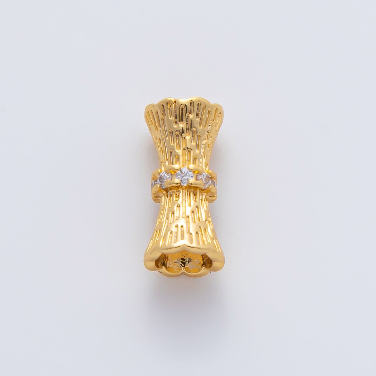 18K Gold Filled 14mm Micro Paved CZ Line-Textured Tube Bead in Gold & Silver | B035