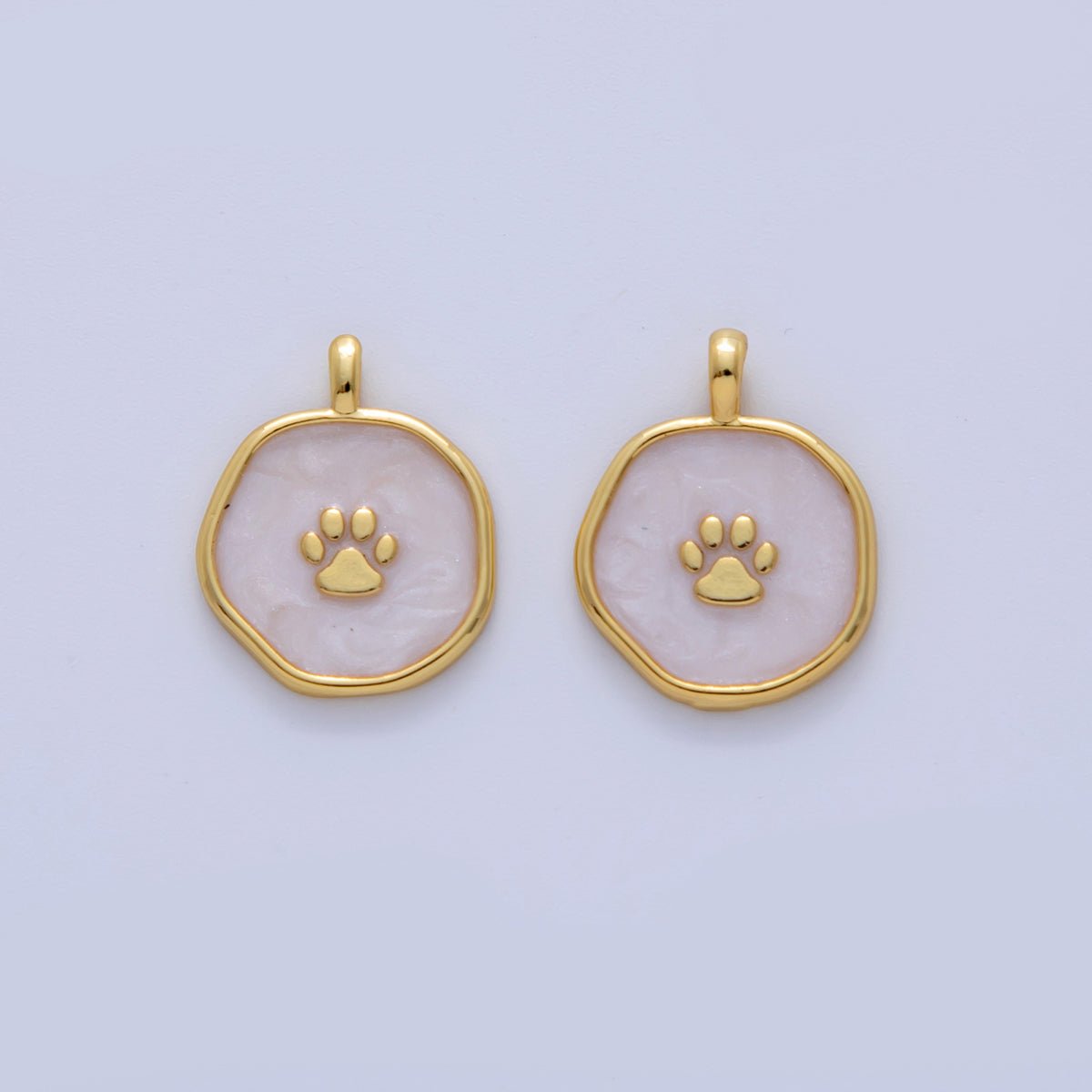 18K Gold Filled 15mm Animal Paw Print White Enamel Round Pendant | AH726