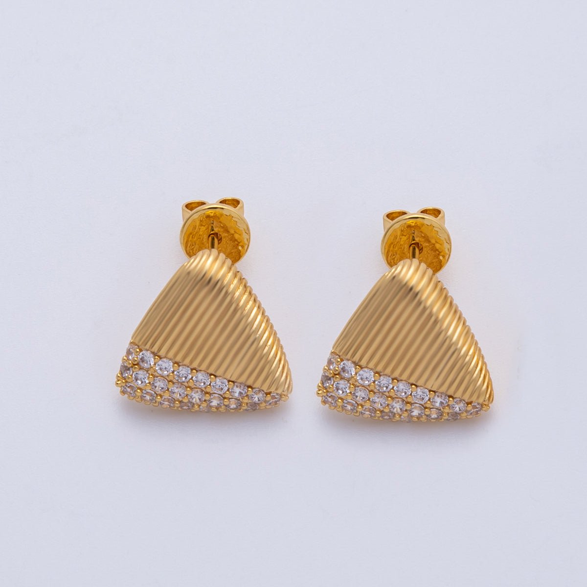 18K Gold Filled 15mm Micro Paved CZ Ribbed Triangle Stud Earrings | Earrings-00192