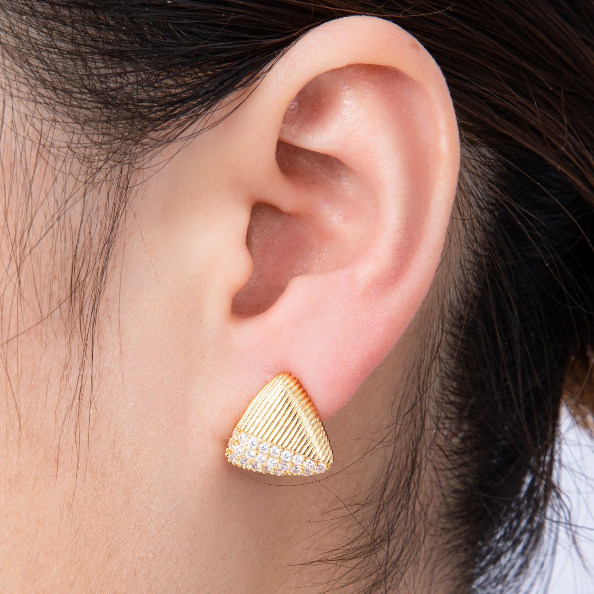 18K Gold Filled 15mm Micro Paved CZ Ribbed Triangle Stud Earrings | Earrings-00192