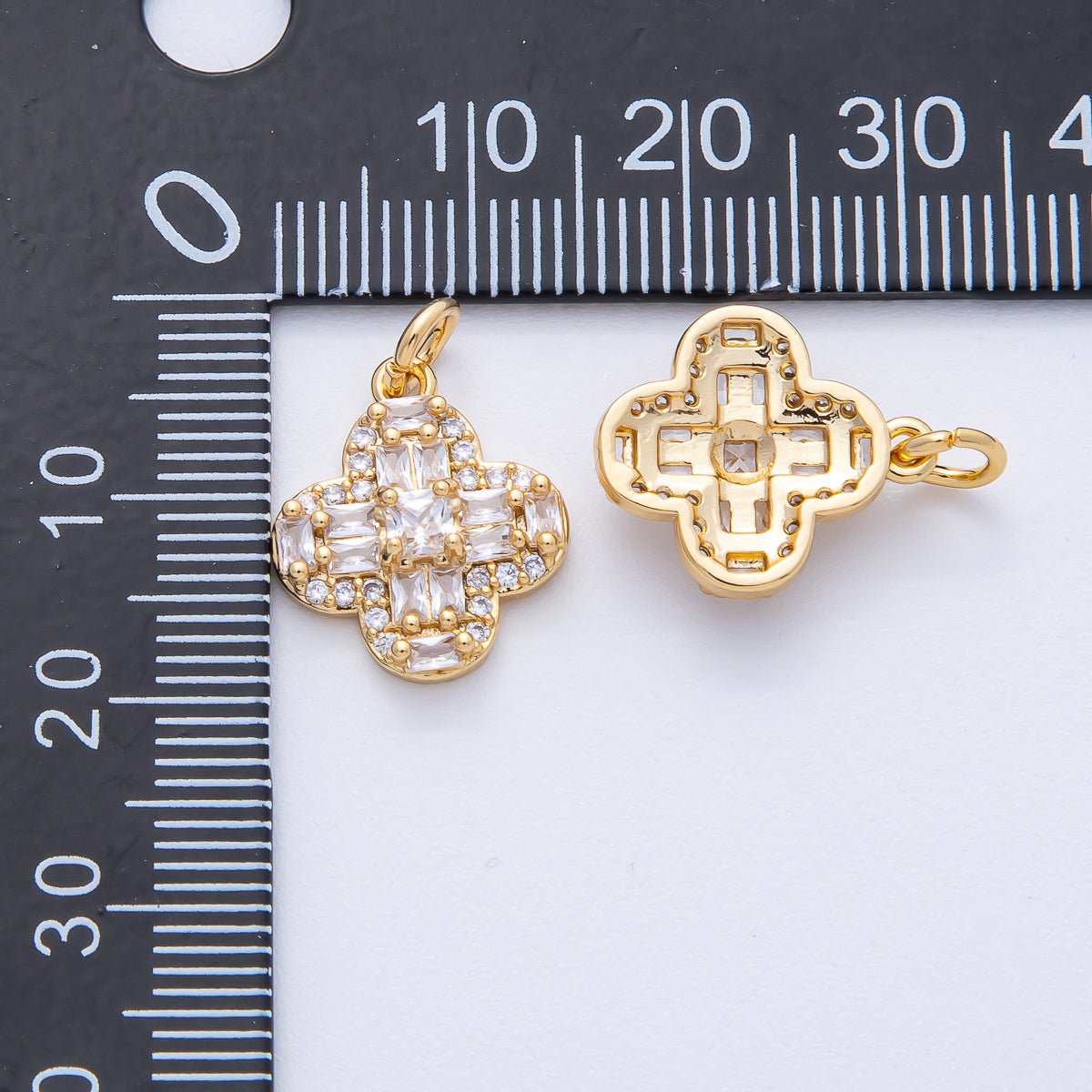 18K Gold Filled 16mm Clear Baguette Micro Paved CZ Clover Flower Charm | AK171
