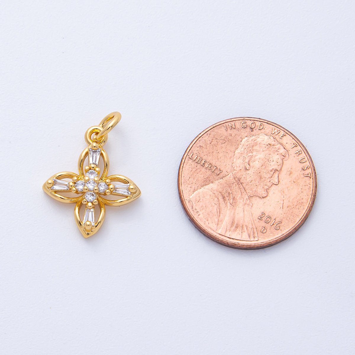 18K Gold Filled 16mm Clear Baguette Micro Paved CZ Clover Flower Open Charm | AK176
