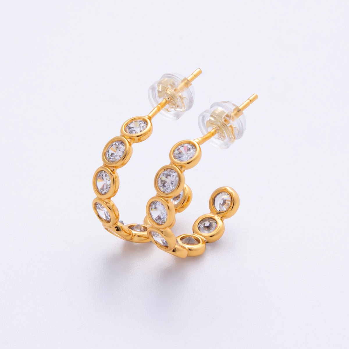 18K Gold Filled 16mm Clear CZ Round Bezel C-Shaped Hoop Earrings | AB1684