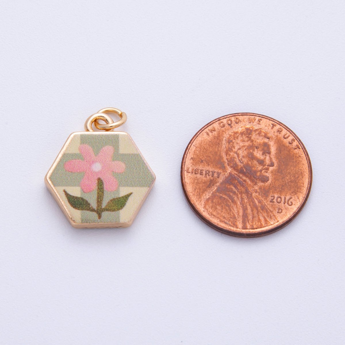 18K Gold Filled 17.5mm Flower Plant Hexagon Charm | AF1602