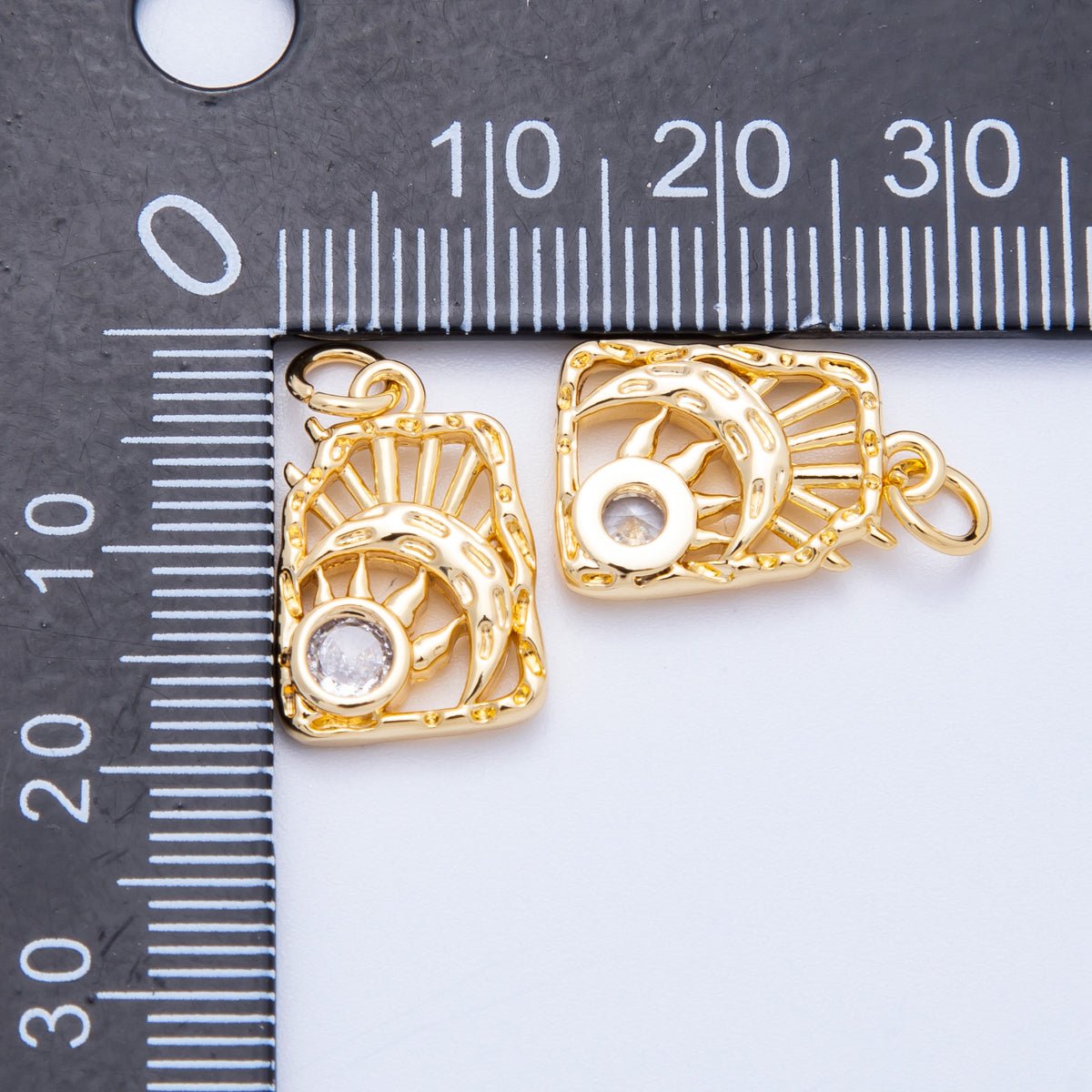 18K Gold Filled 17mm Clear CZ Celestial Sun Moon Molten Rectangle Charm | Charms-00348