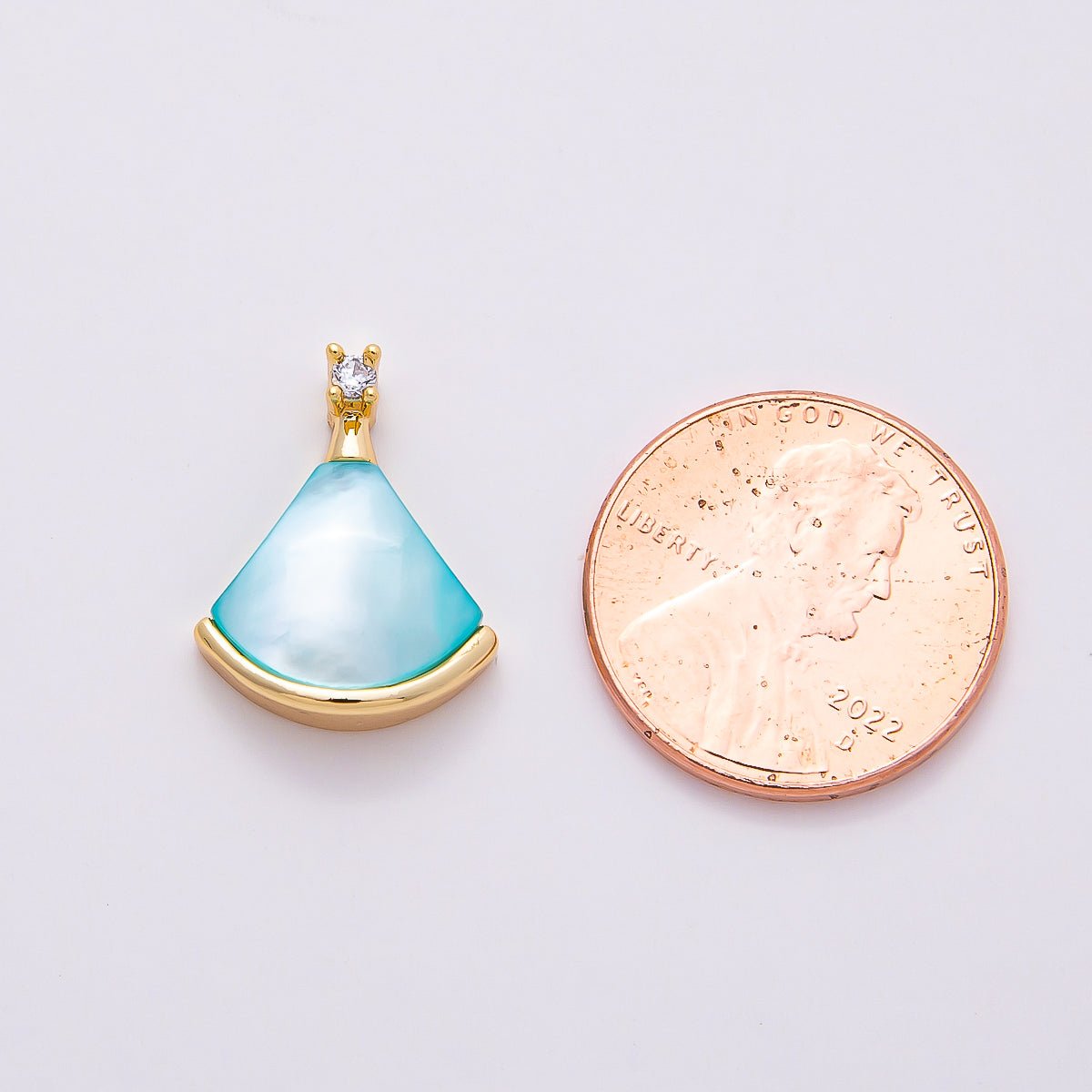 18K Gold Filled 17mm Pink, White, Light Blue Shell Pearl CZ Fan Pendant | Charms-00753 - Charms-00755