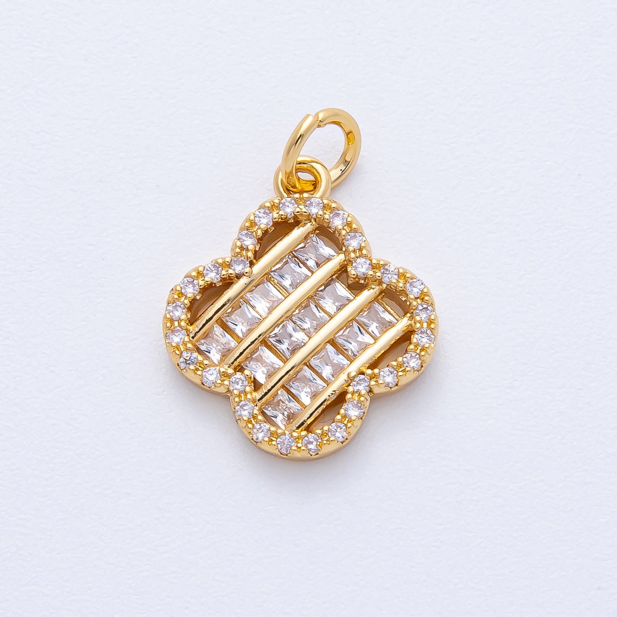 18K Gold Filled 17mm Woven Square Baguette CZ Micro Paved Clover Charm | AK179