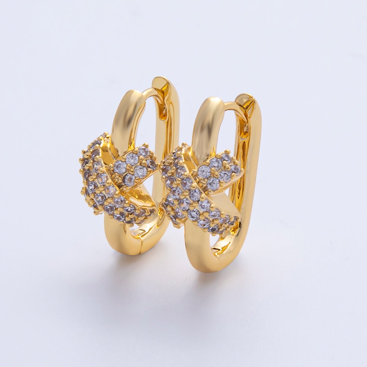 18K Gold Filled 18mm Micro Paved CZ Crossed Oblong Hoop Earrings | Q029