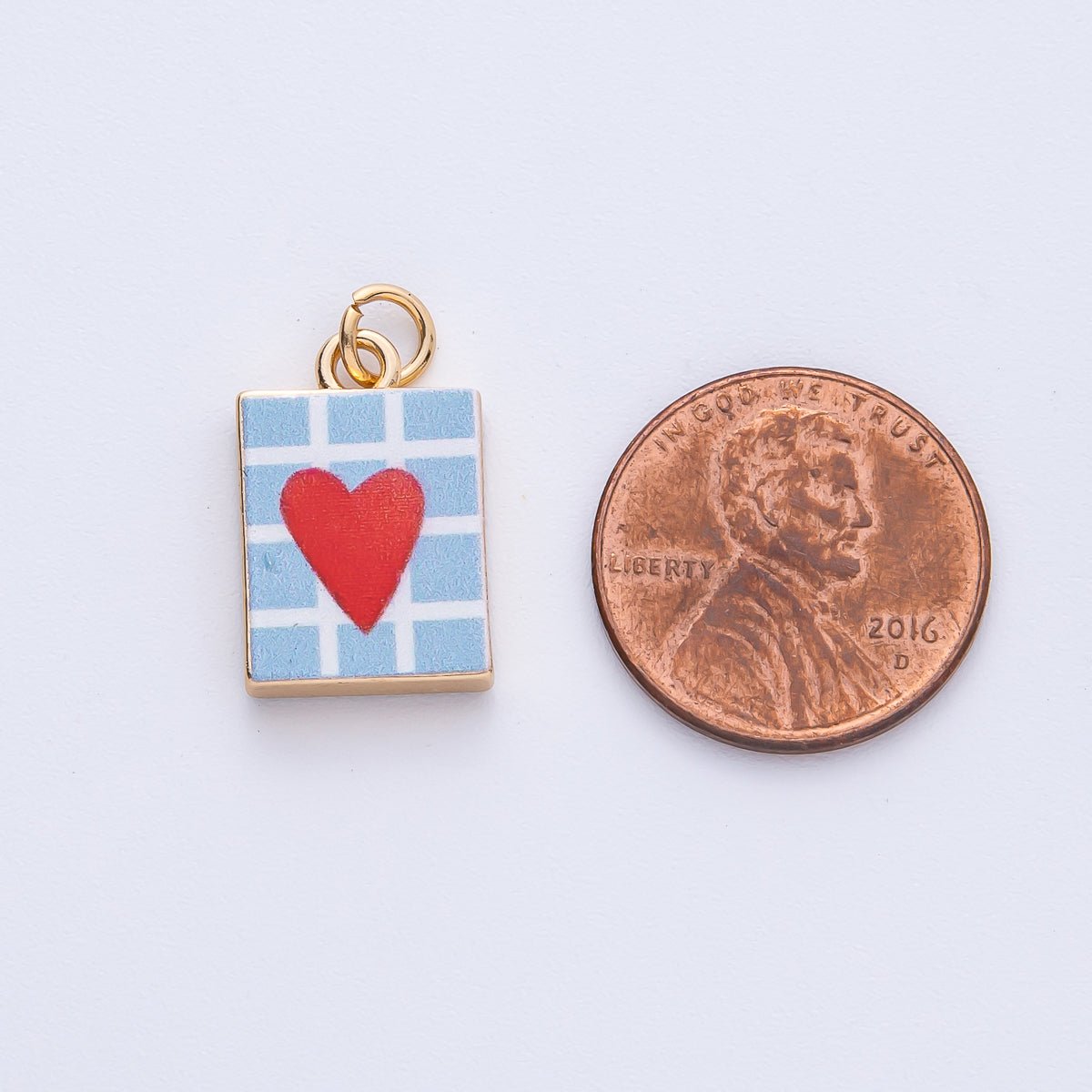 18K Gold Filled 18mm Red Heart Blue Enamel Rectangular Charm | AF1600