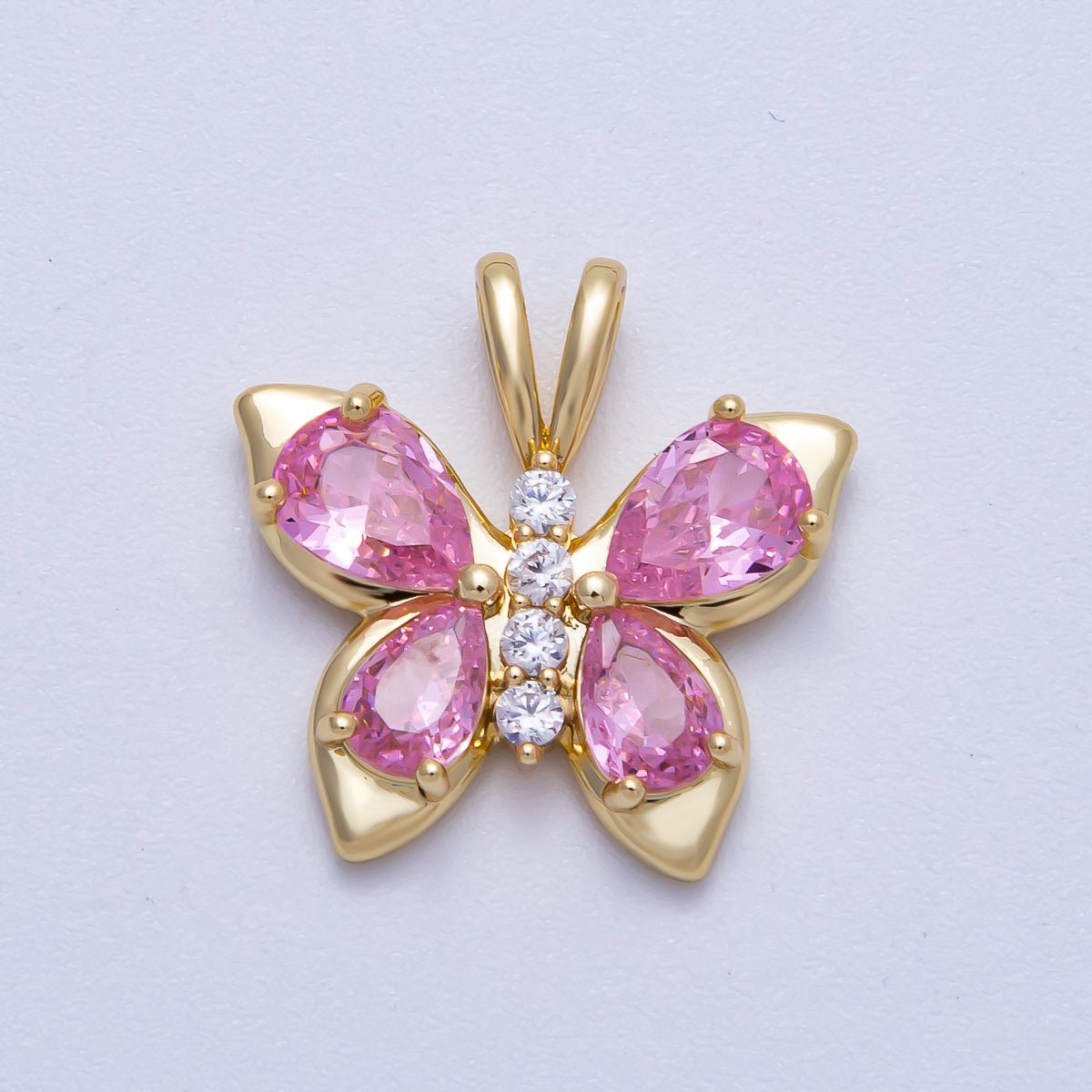 18K Gold Filled 19mm Pink CZ Micro Paved Butterfly Mariposa Animal Pendant | Charms-00538