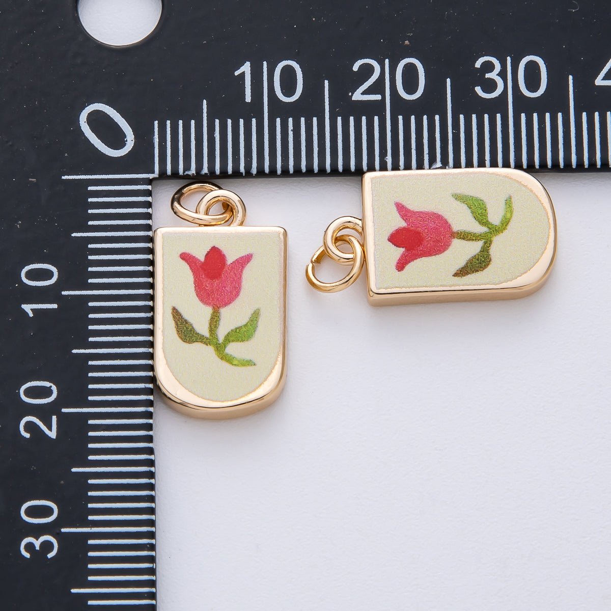 18K Gold Filled 19mm Red Tulip Flower Yellow Enamel Charm | AF1625
