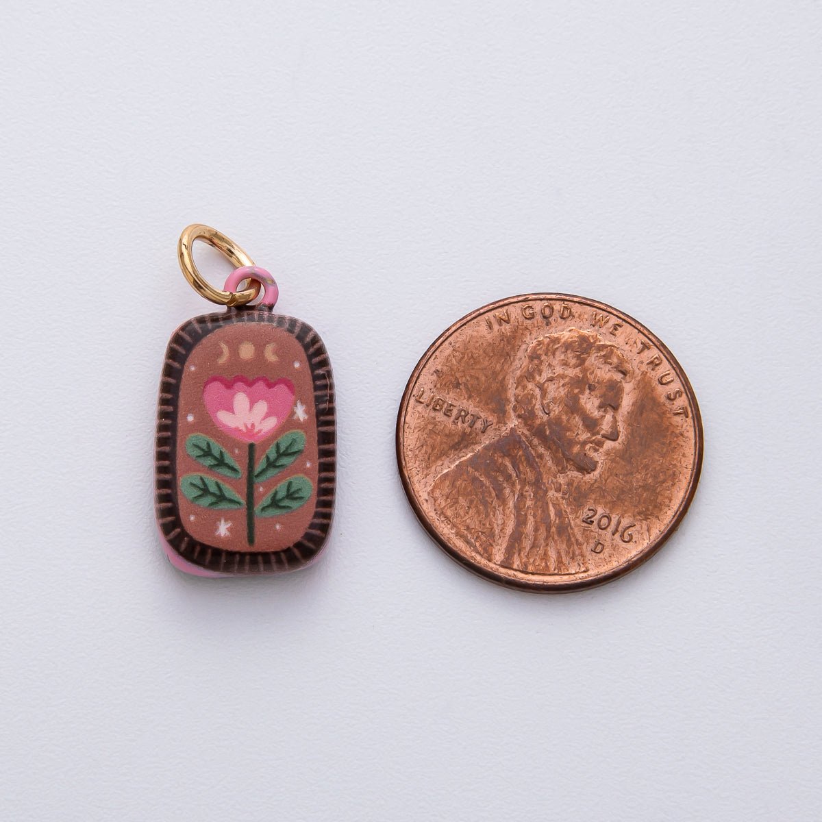 18K Gold Filled 20.5mm Red Brown Flower Enamel Double Sided Rectangular Charm | D420