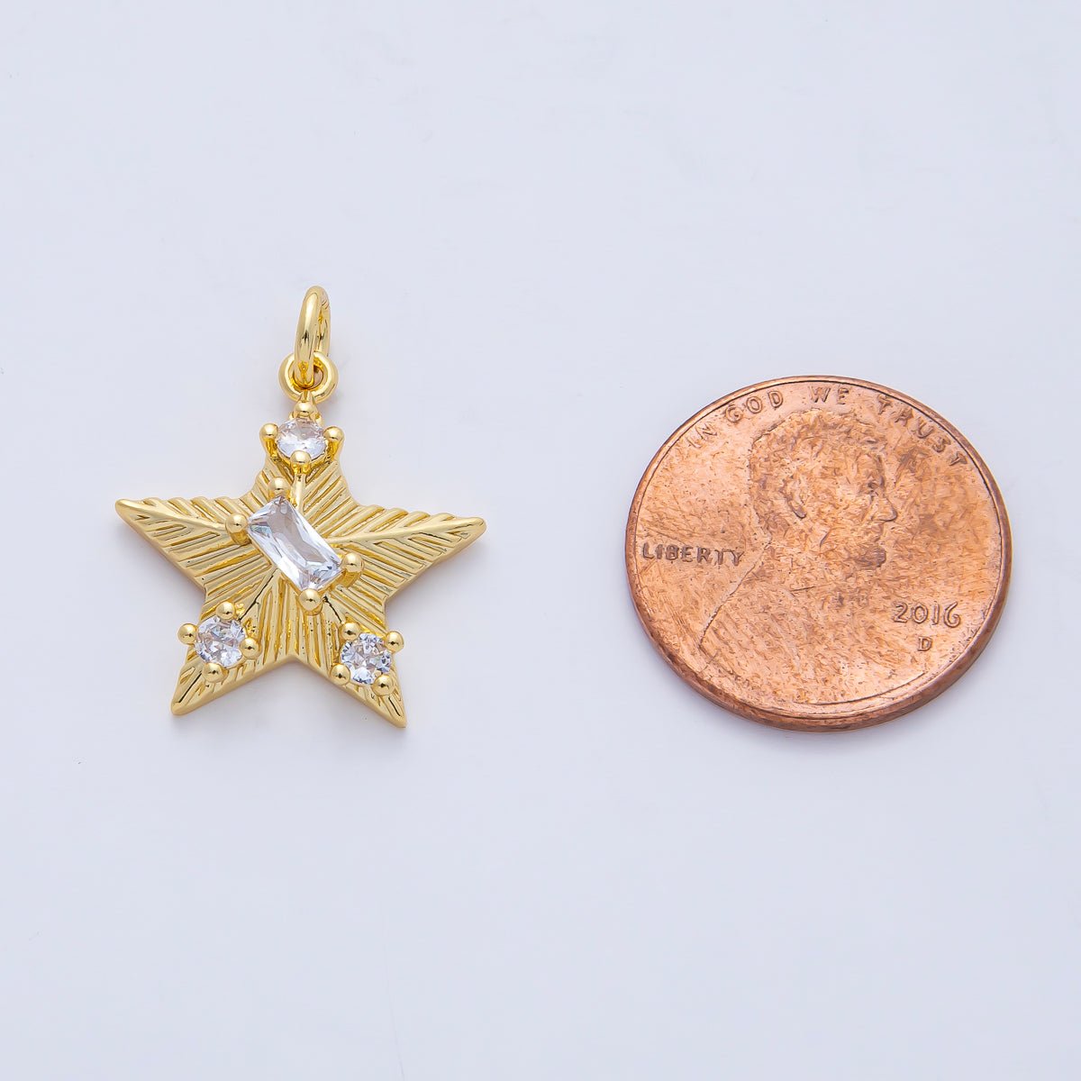 18K Gold Filled 20mm Clear CZ Baguette Round Sunburst Star Charm | AK020