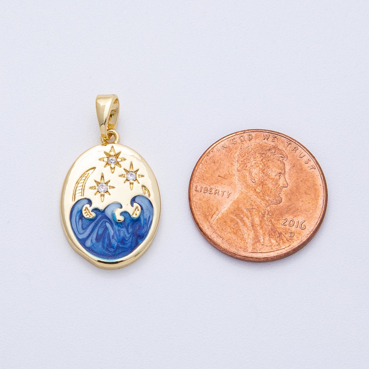 18K Gold Filled 20mm Clear CZ Celestial Crescent Moon Star Sea Ocean Oval Pendant | AF1233