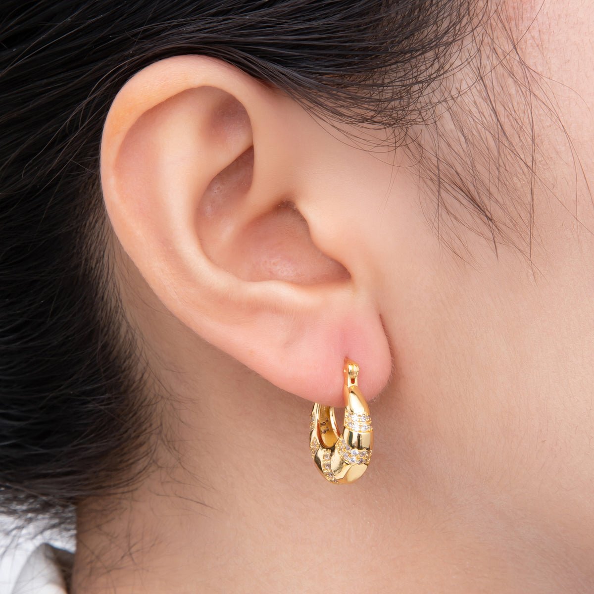 18K Gold Filled 20mm Micro Paved CZ Lined Dome French Lock Latch Hoop Earrings | AJ-269