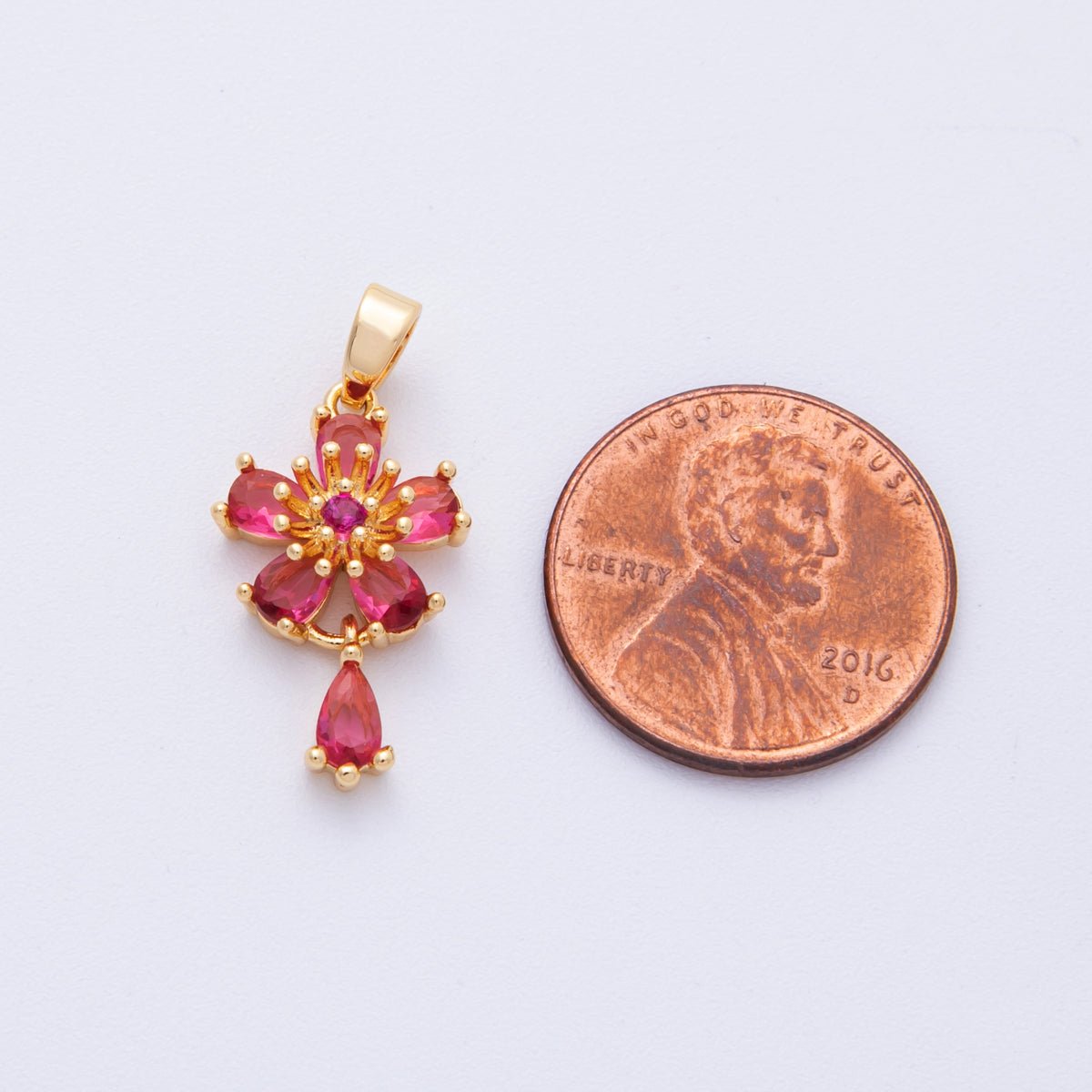 18K Gold Filled 20mm Red CZ Flower Drop Charms | Charms-00109