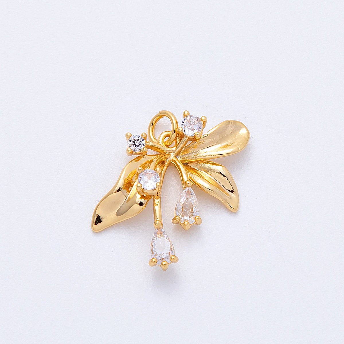 18K Gold Filled 21.5mm Clear CZ Foil Plant Charm | Charms-00339