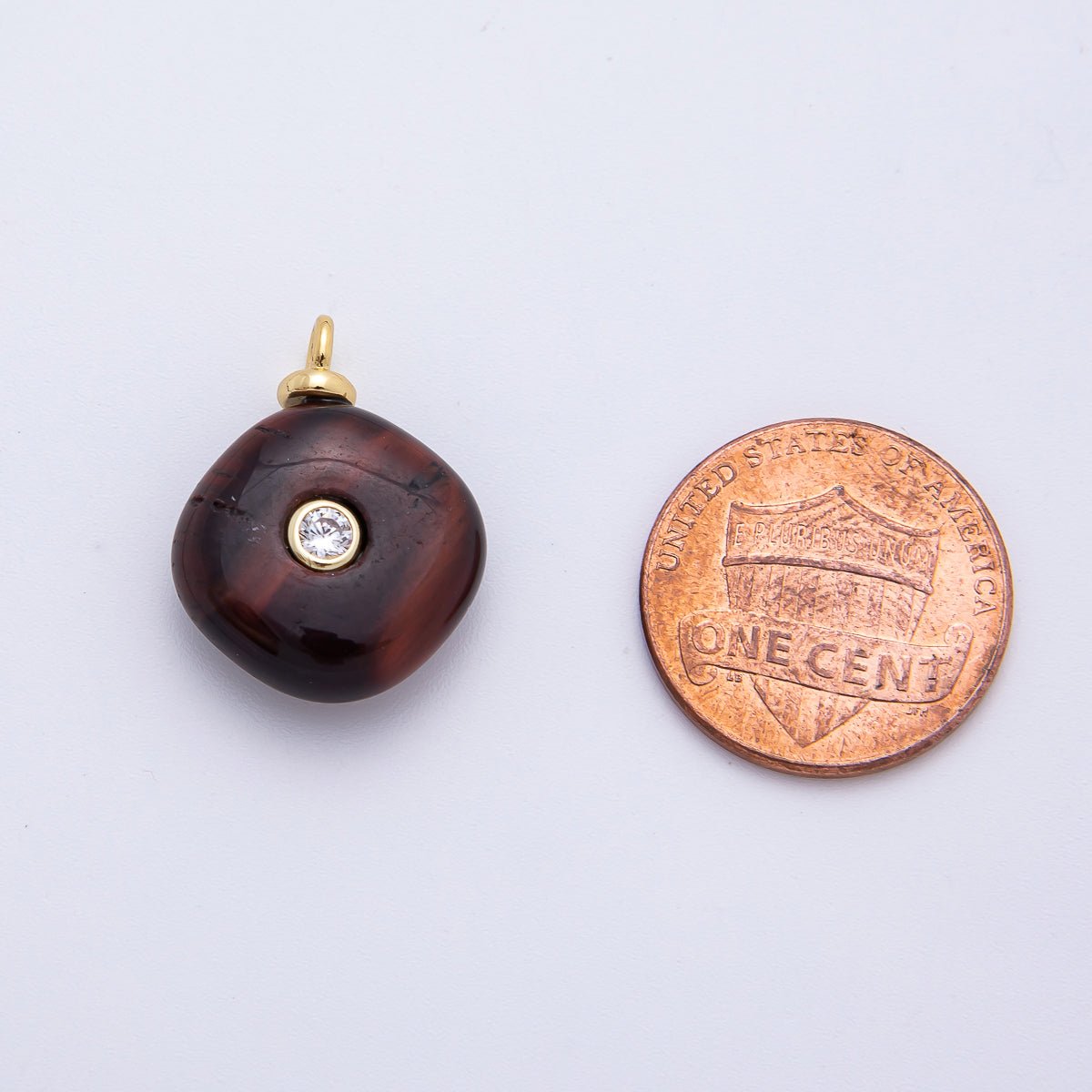 18K Gold Filled 21mm Clear Round CZ Tiger Eye Rhombus Gemstone Charm | AF1318