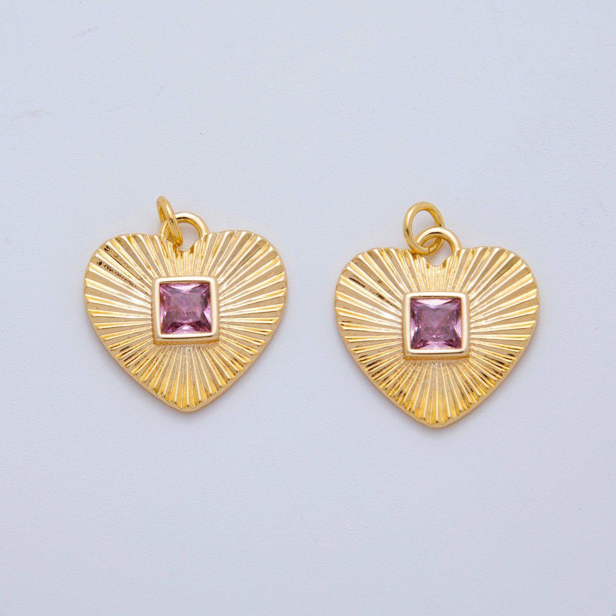18K Gold Filled Baguette Pink CZ Sunburst Heart Valentine Charm | AH-923
