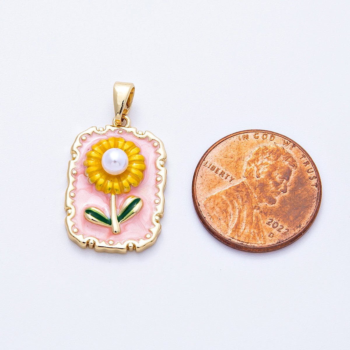 18K Gold Filled 21mm Sunflower Enamel Shell Pearl Rectangle Pendant | Charms-00149