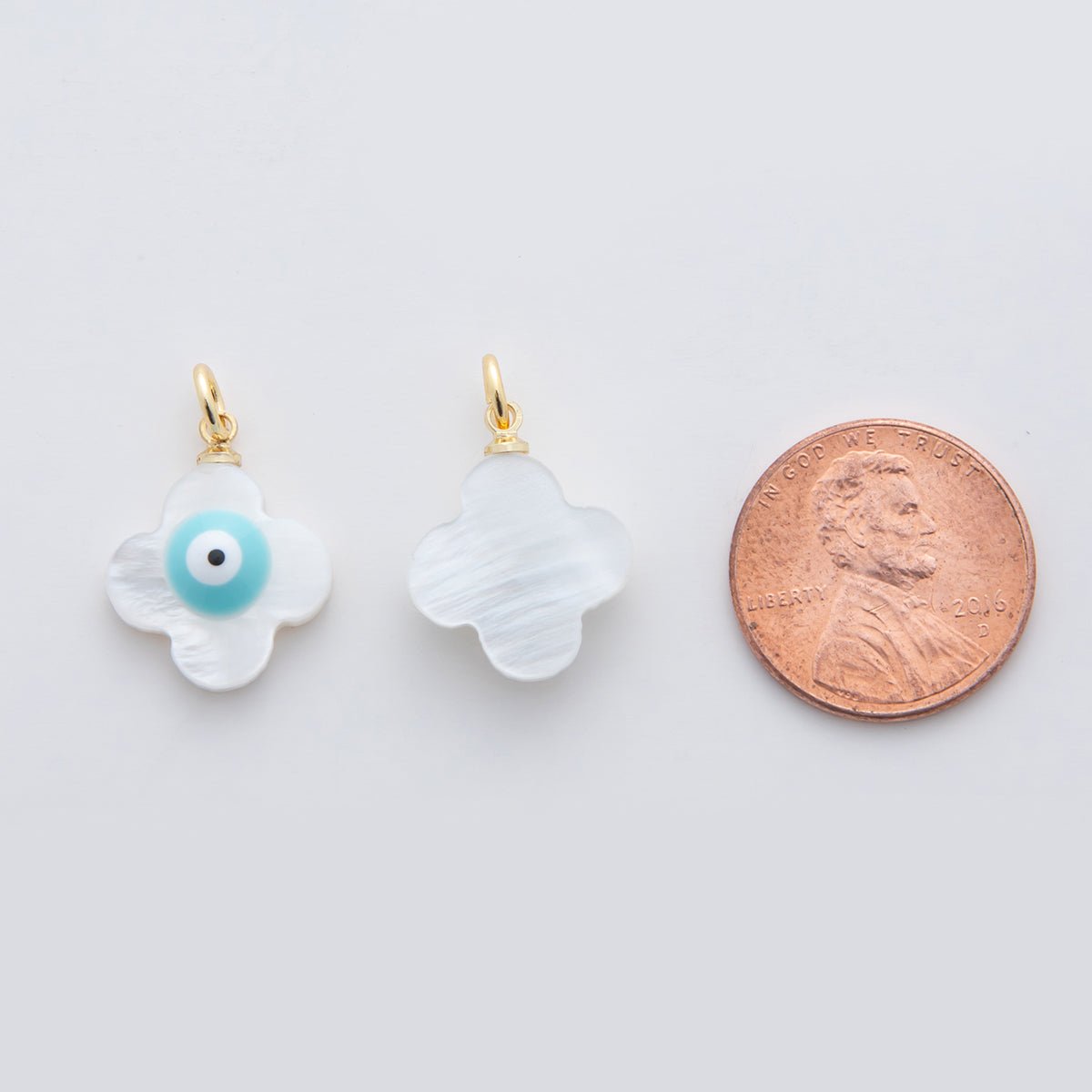 18K Gold Filled 22mm Blue Evil Eye Quatrefoil Shell Pearl Charm | AF334