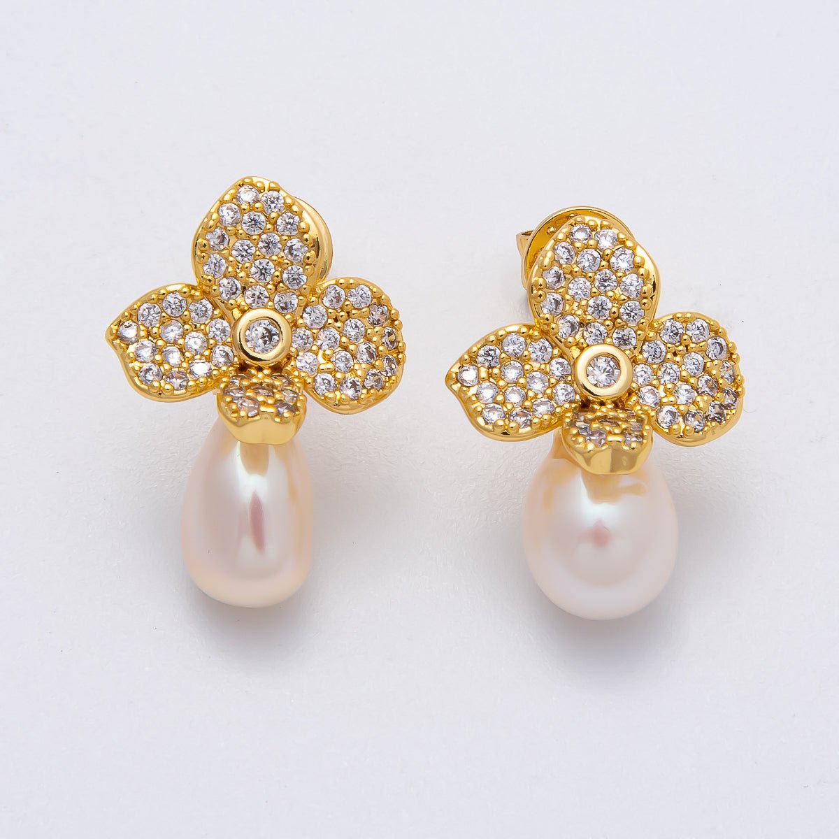 18K Gold Filled 22mm Micro Paved CZ Shell Pearl Flower Drop Stud Earring | EARRINGS-00242