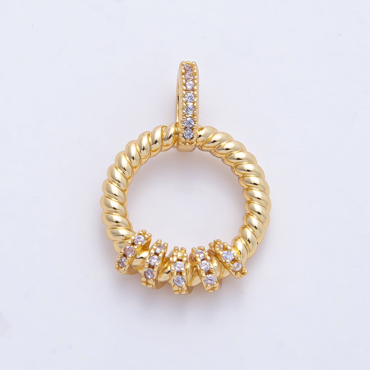 18K Gold Filled 22mm Micro Paved CZ Croissant Rondelle Round Pendant | AF1182