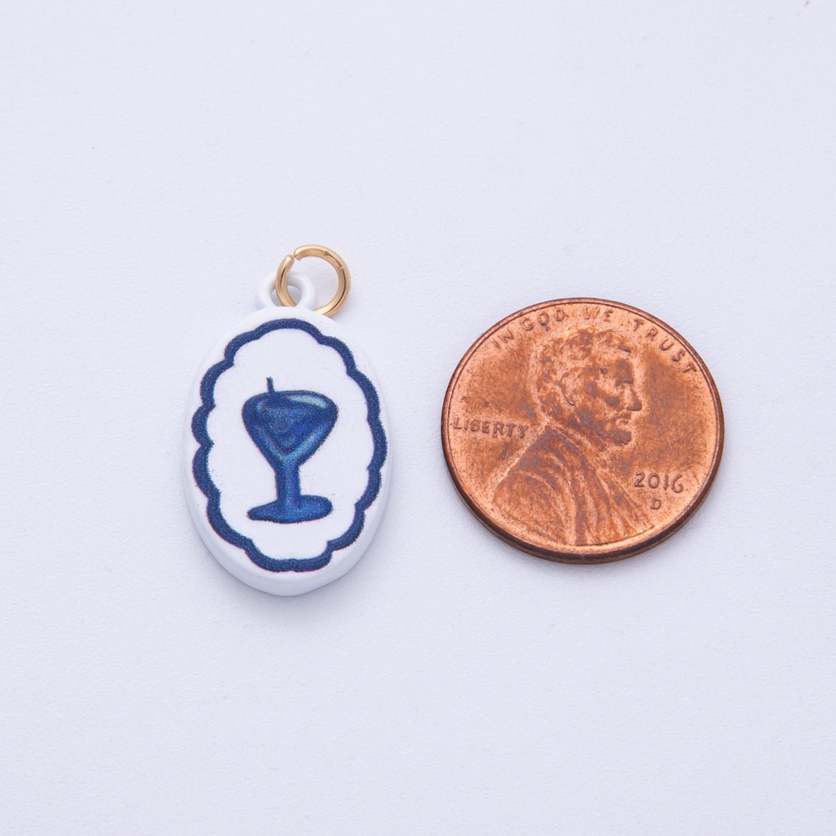 18K Gold Filled 23mm Blue-White Martini Alcohol Drink Glass Oval Charm | AF1590
