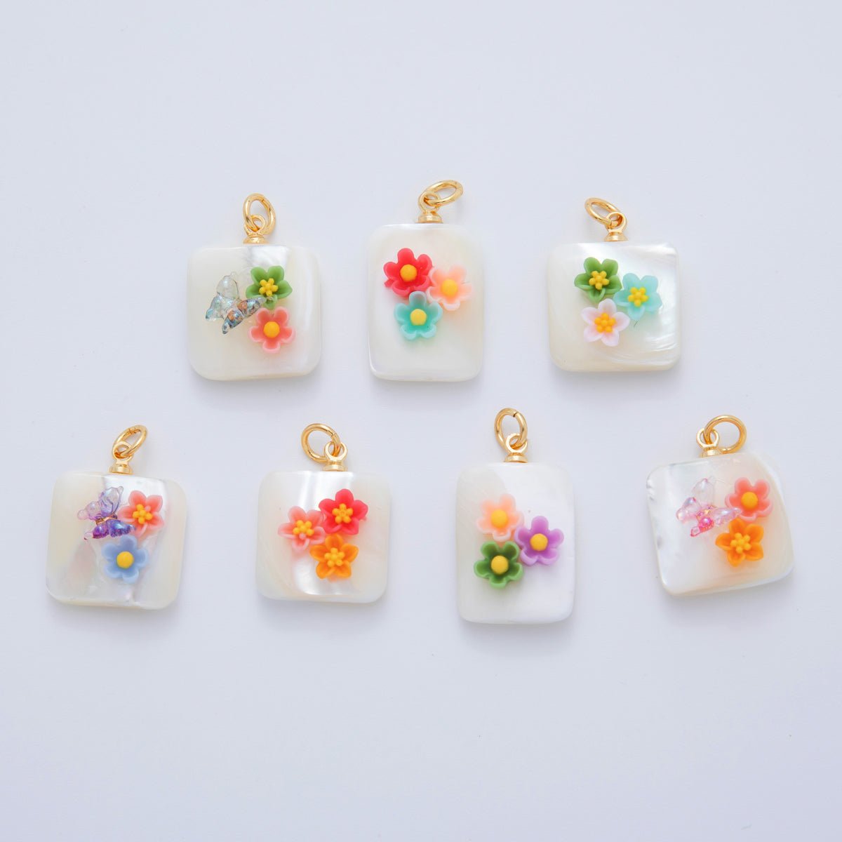 18K Gold Filled 23mm Butterfly Flower Shell Pearl Rectangle Charm | AF1377 - AF1382