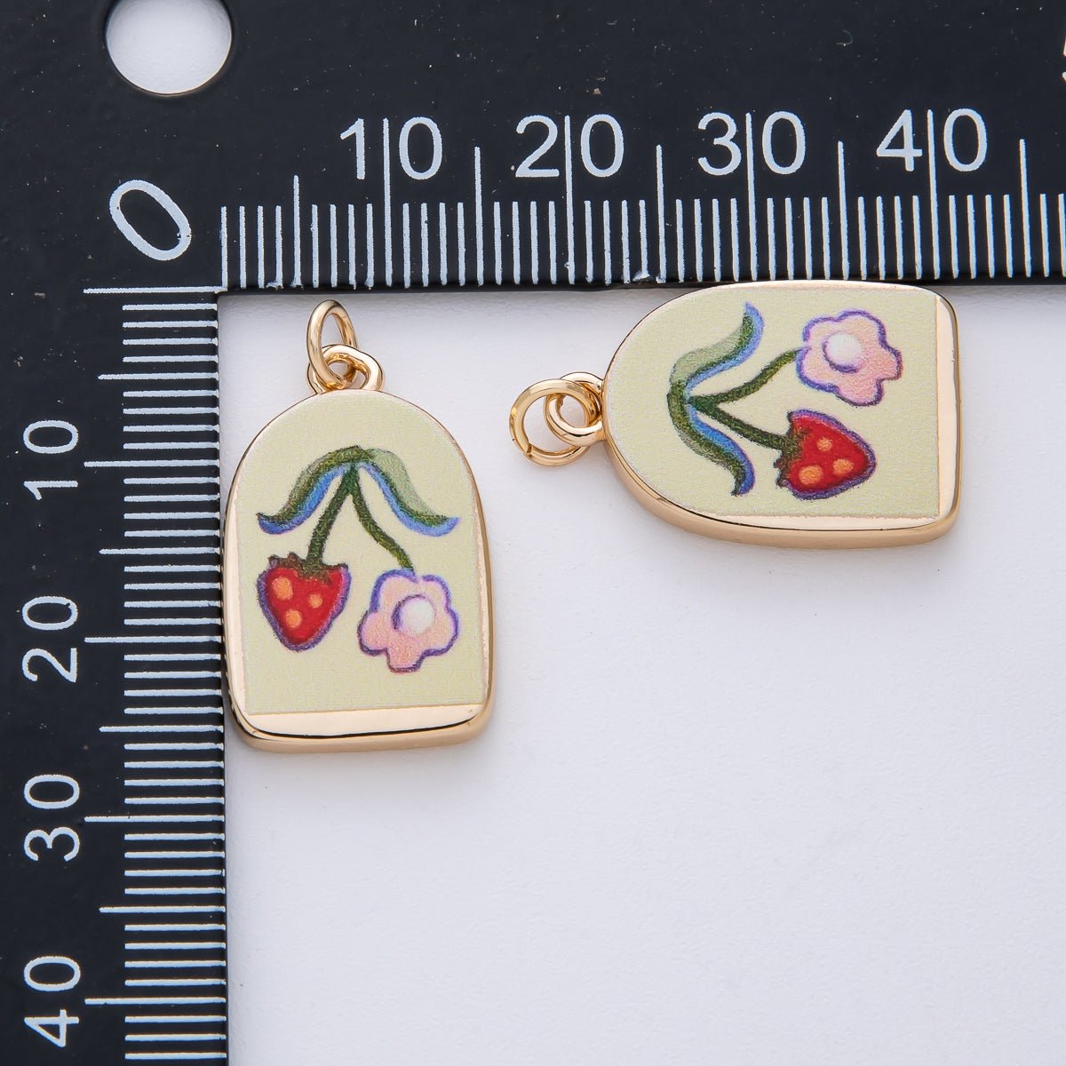 18K Gold Filled 23mm Flower Strawberry Green Enamel Charm | AF1597
