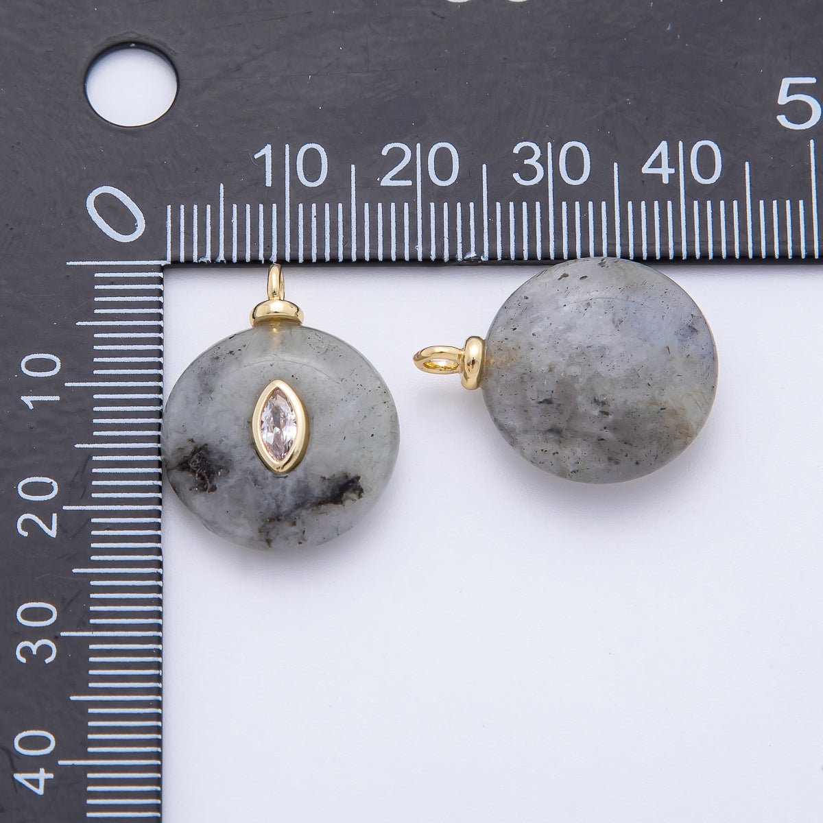 18K Gold Filled 23mm Clear Marquise CZ Grey Labradorite Round Gemstone Charm | AF1337