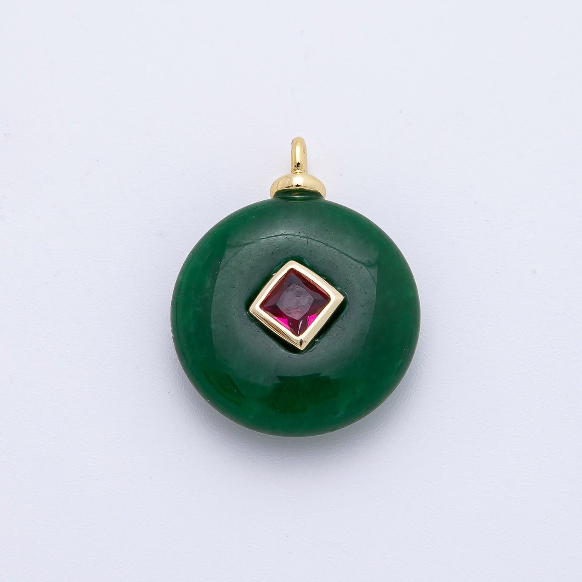 18K Gold Filled 23mm Red CZ Rhombus Aventurine Round Gemstone Charm | AF1336