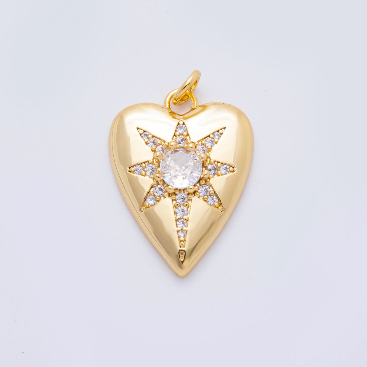 18K Gold Filled 23mm Round CZ Micro Paved Celestial North Star Heart Charm | AF1315