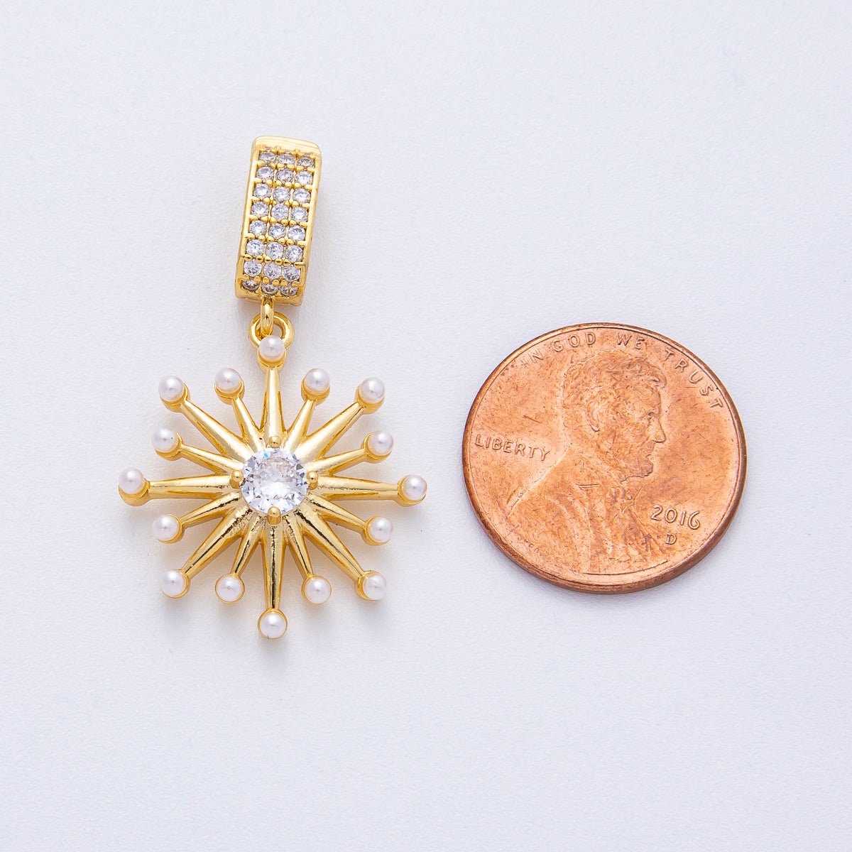 18K Gold Filled 23mm Shell Pearl Micro Paved CZ Celestial Sunburst Pendant | AF1212